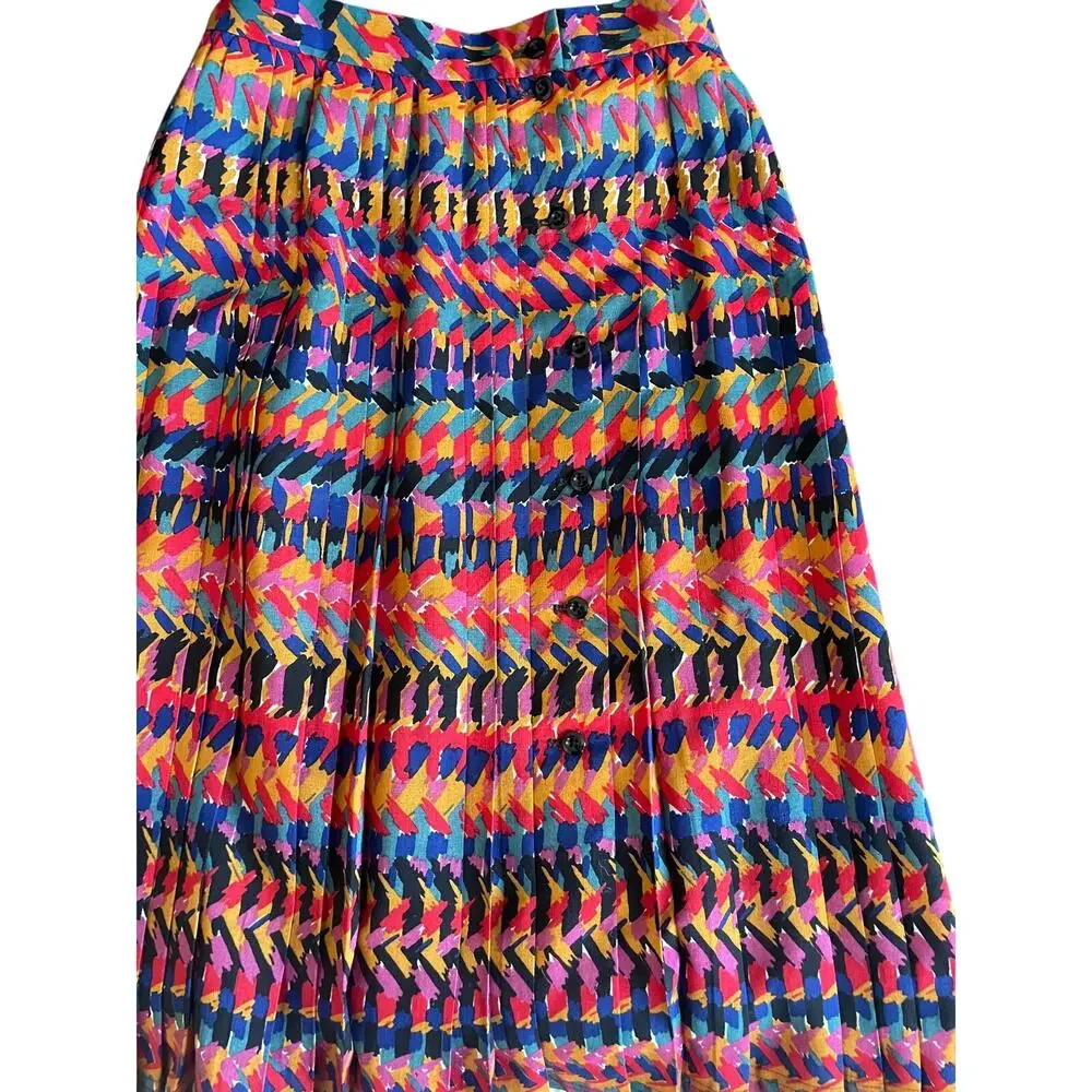 Vintage 80s Jaeger Multicolor Abstract Pleated Midi Skirt Great Britain size S